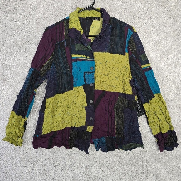 Liv by Habitat Top Womens Medium Colorful Crinkle Button Up Art To‎ Wear - Picture 1 of 14
